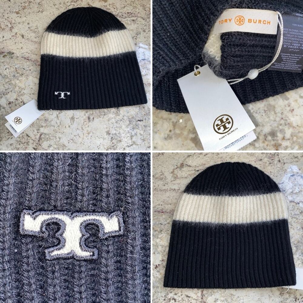New $200 TORY BURCH black & ivory Striped Wool Ski Beanie NWT OS